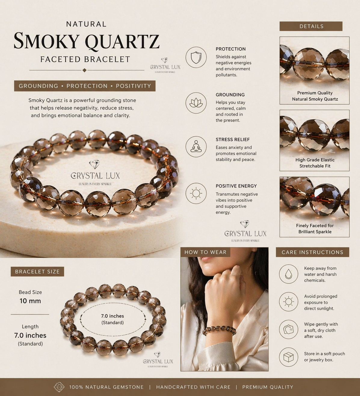 Smokey Quartz Faceted Protection & Grounding Bracelet – Natural Crystal Healing