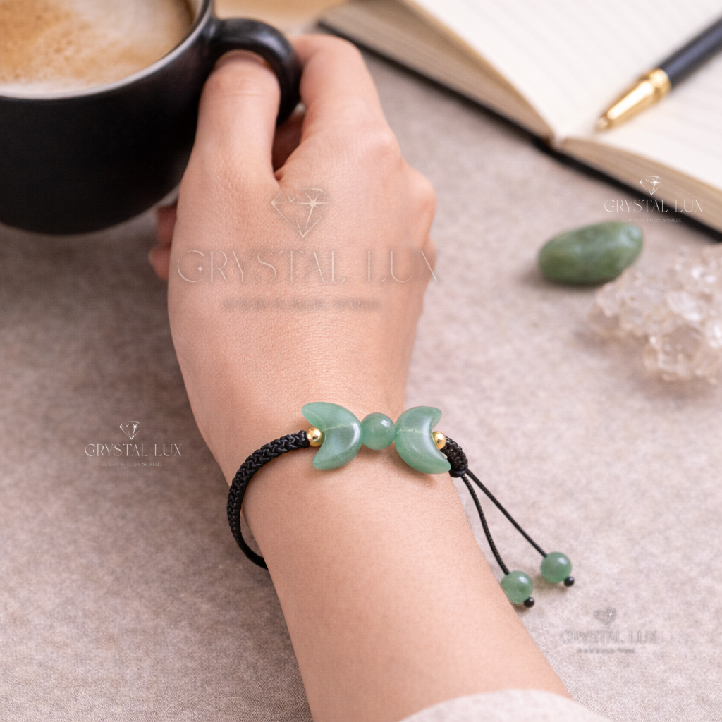 Green Aventurine Crescent Bracelet for Luck, Prosperity & Emotional Healing | Adjustable Natural Crystal Bracelet