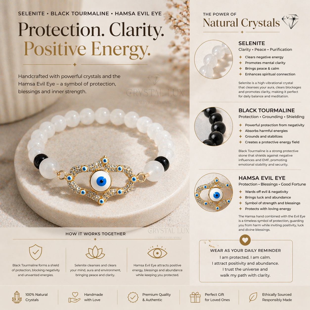 Hamsa Evil Eye Protection Bracelet in Selenite & Black Tourmaline | Luxury Healing Crystal Jewelry