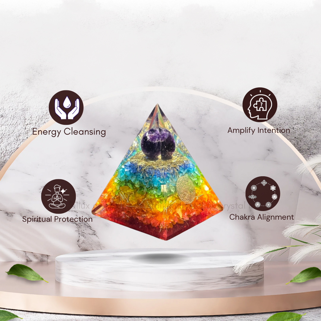 Rainbow Chakra Crystal Orgonite Pyramid for Protection, Balance & Manifestation