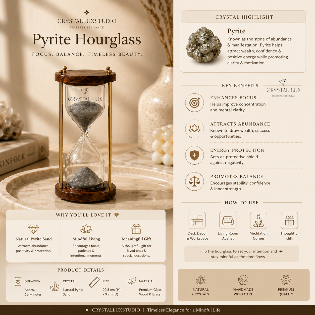 Pyrite Hourglass – Natural Pyrite Sand Crystal Hourglass for Focus, Abundance & Mindful Decor | Luxury Desk & Home Accent by Crystal Lux Studio