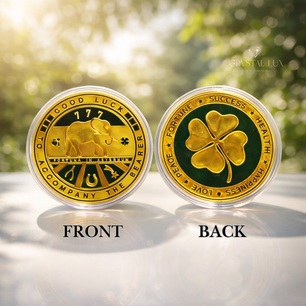 Feng Shui Lucky Fortune Coin | Wealth, Success & Good Luck Symbol | Elephant & Clover Charm