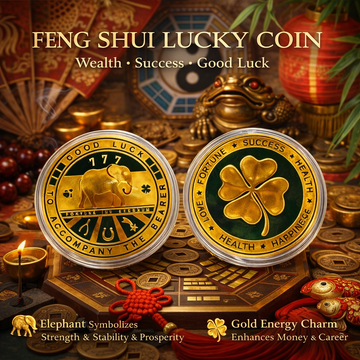 Feng Shui Lucky Fortune Coin | Wealth, Success & Good Luck Symbol | Elephant & Clover Charm