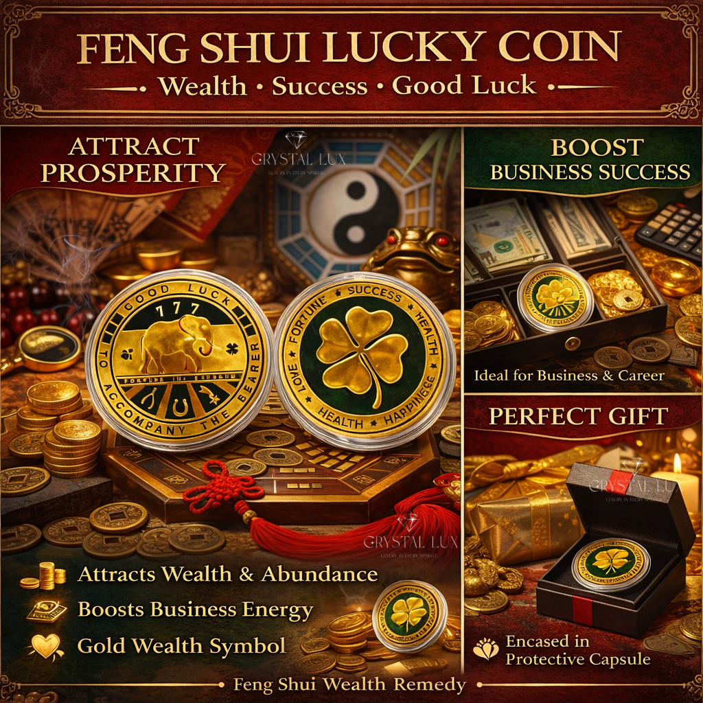 Feng Shui Lucky Fortune Coin | Wealth, Success & Good Luck Symbol | Elephant & Clover Charm