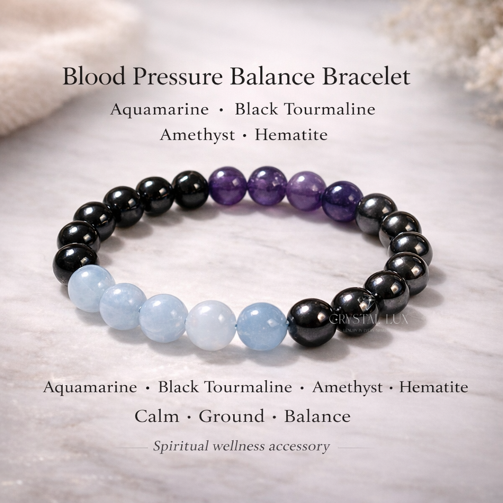 Blood Pressure Balance Crystal Bracelet – Aquamarine, Amethyst, Black Tourmaline & Hematite