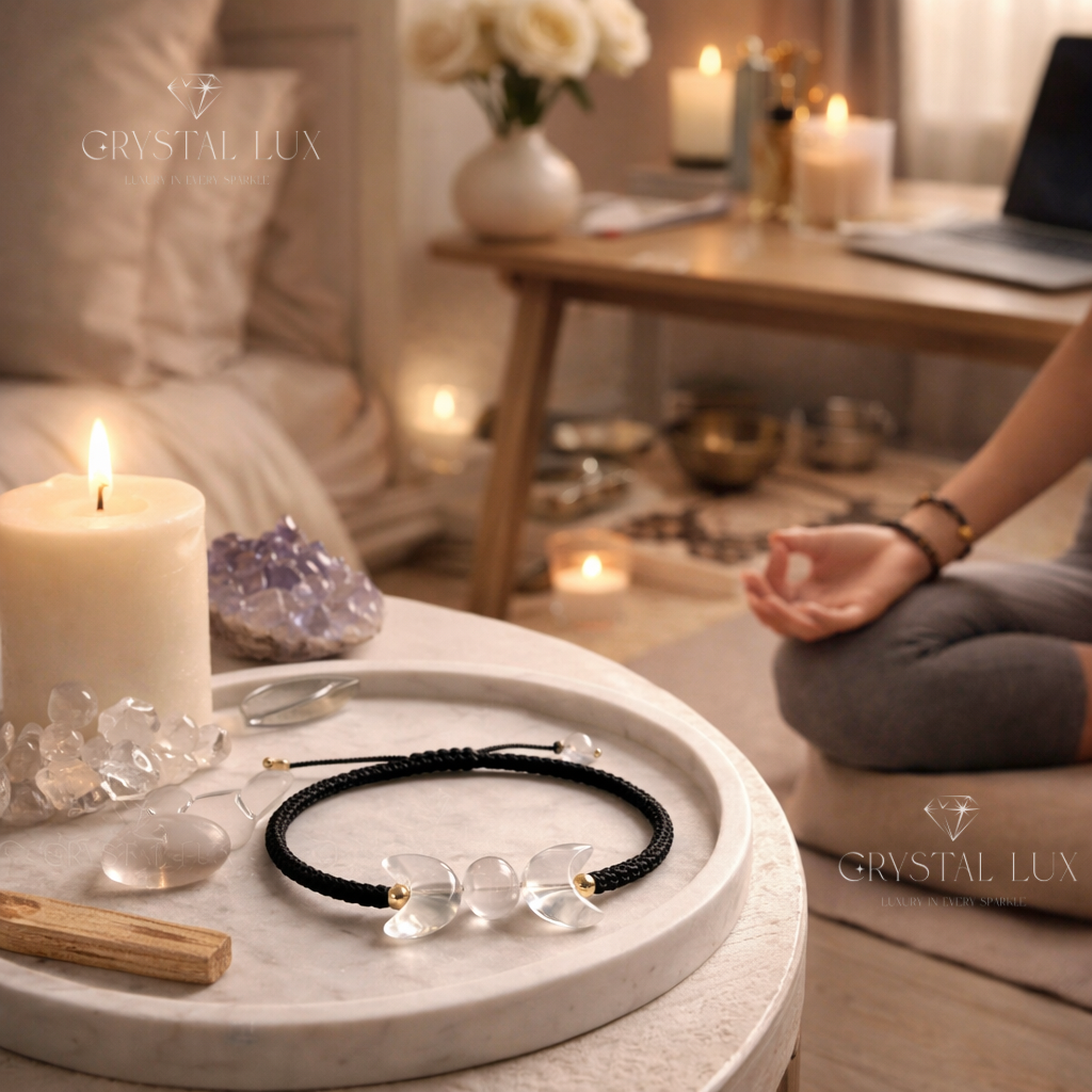 Premium Clear Quartz Crescent Moon Bracelet – Natural Healing Crystal for Positive Energy & Spiritual Growth