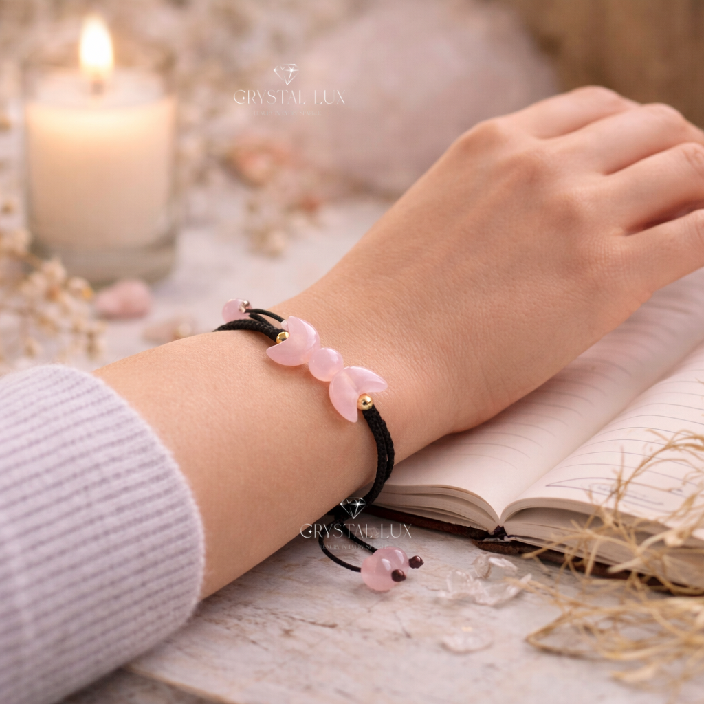 Rose Quartz Crescent Bracelet for Love & Emotional Healing | Adjustable Crystal Bracelet