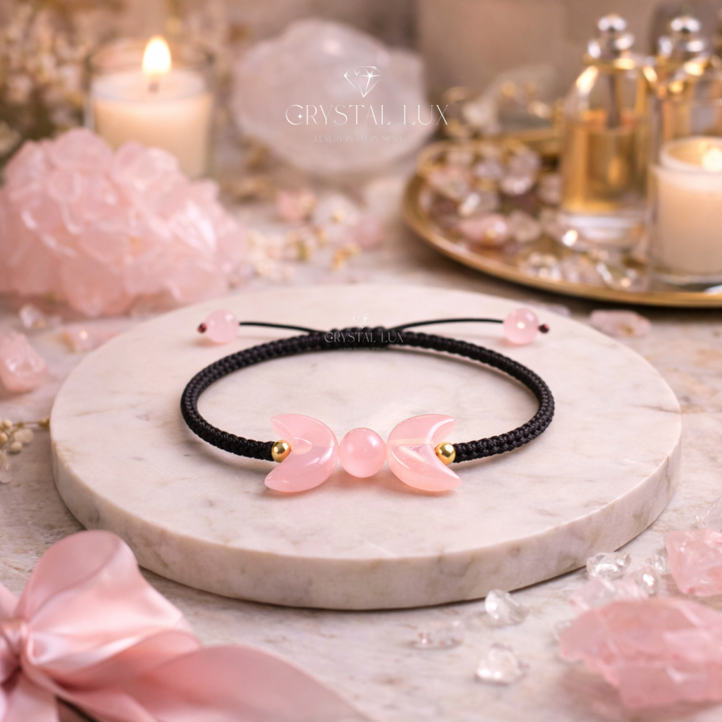 Rose Quartz Crescent Bracelet for Love & Emotional Healing | Adjustable Crystal Bracelet