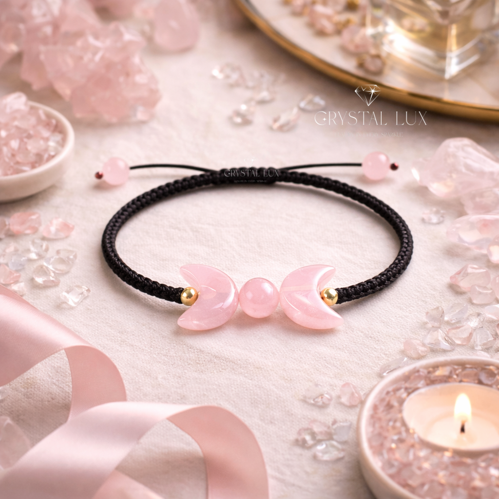 Rose Quartz Crescent Bracelet for Love & Emotional Healing | Adjustable Crystal Bracelet