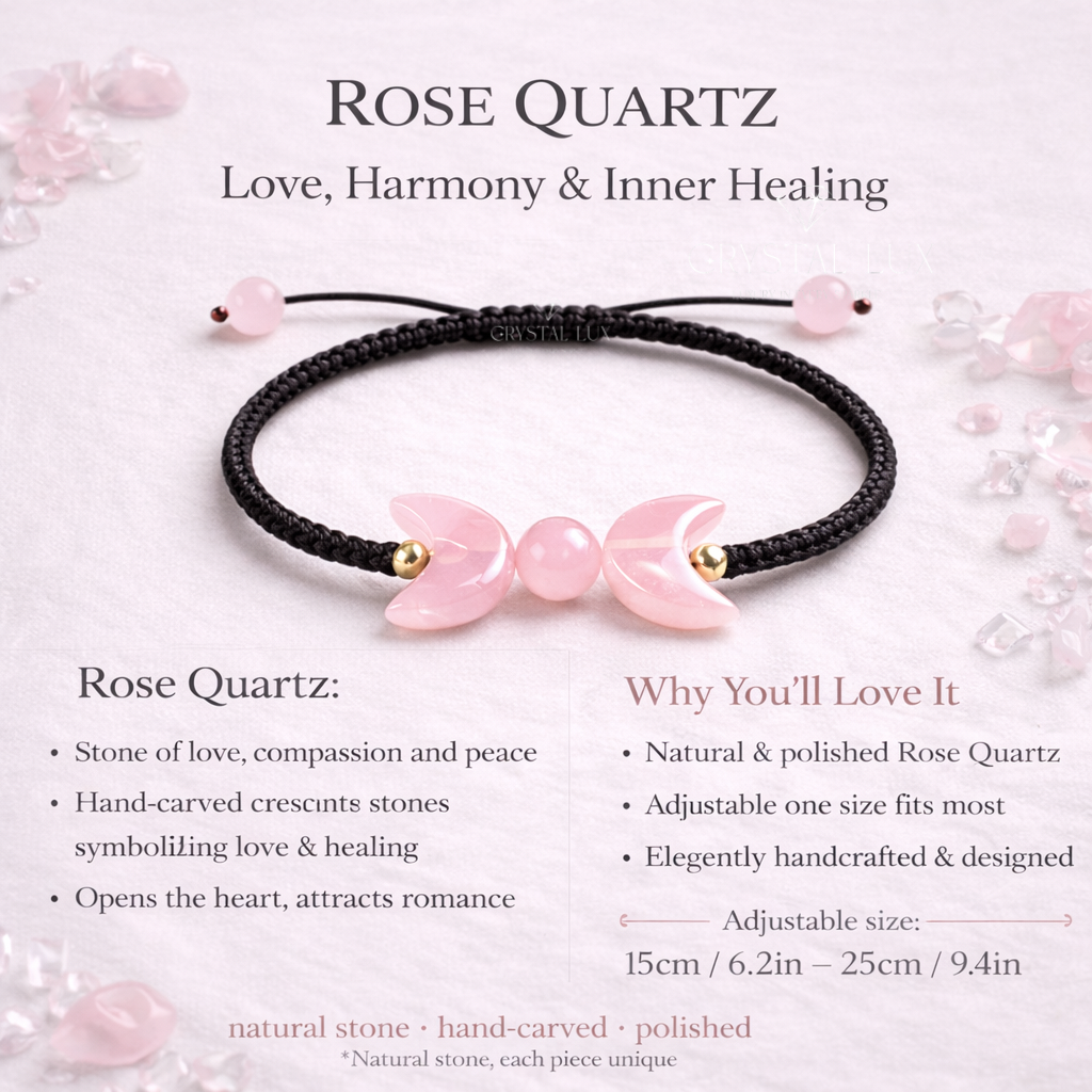 Rose Quartz Crescent Bracelet for Love & Emotional Healing | Adjustable Crystal Bracelet