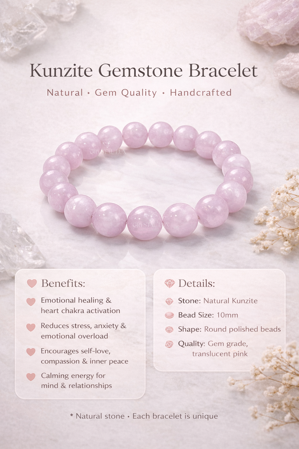 Kunzite 10mm Bracelet – Natural Crystal Healing Bracelet for Self-Love & Calm Energy