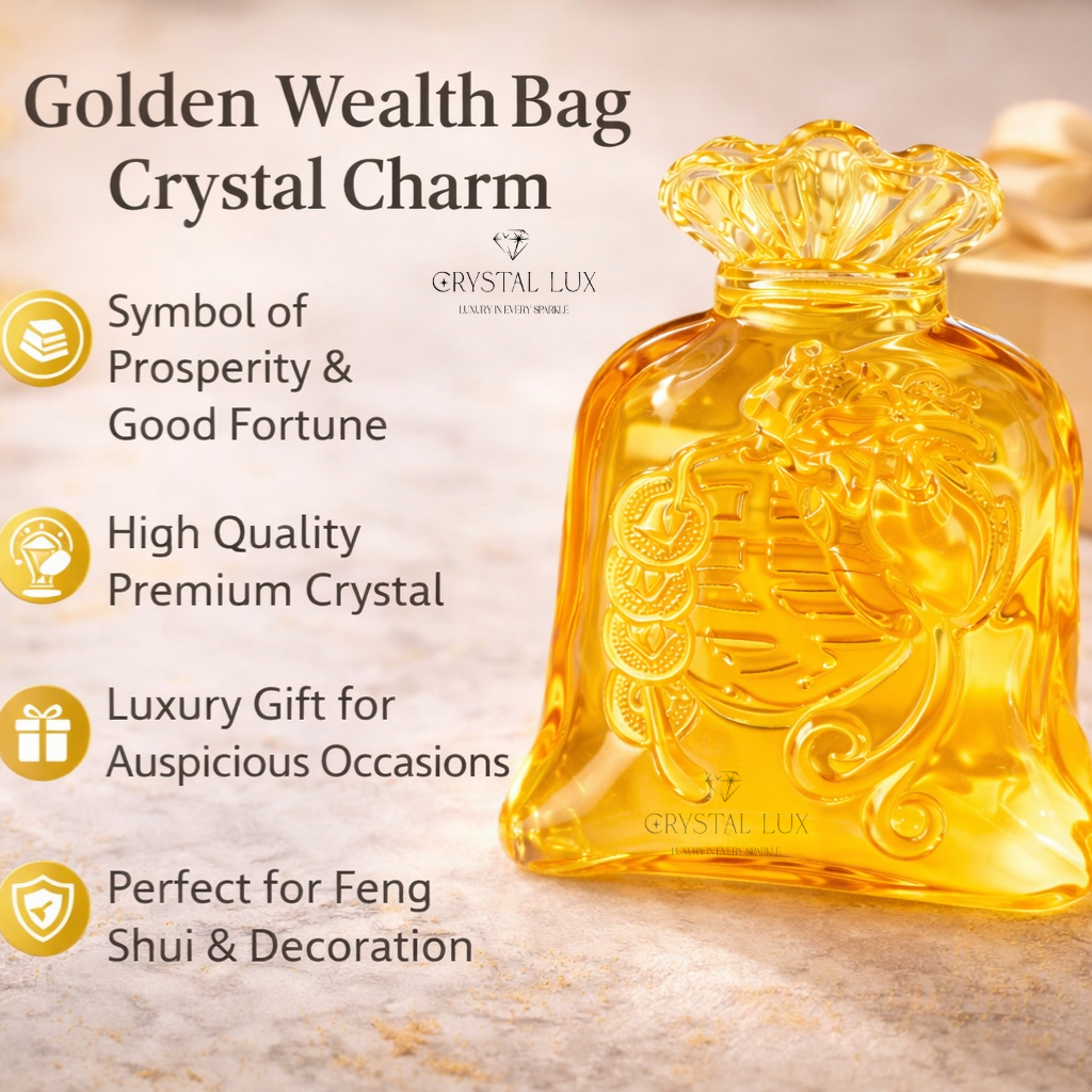 Feng Shui Golden Wealth Bag Crystal Charm – Prosperity & Financial Luck Decor | Luxury Wealth Attraction Feng Shui Gift