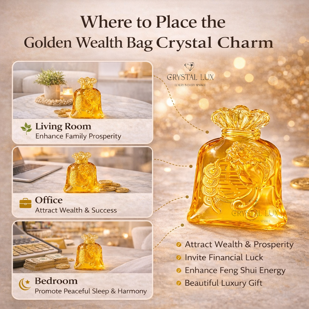 Feng Shui Golden Wealth Bag Crystal Charm – Prosperity & Financial Luck Decor | Luxury Wealth Attraction Feng Shui Gift