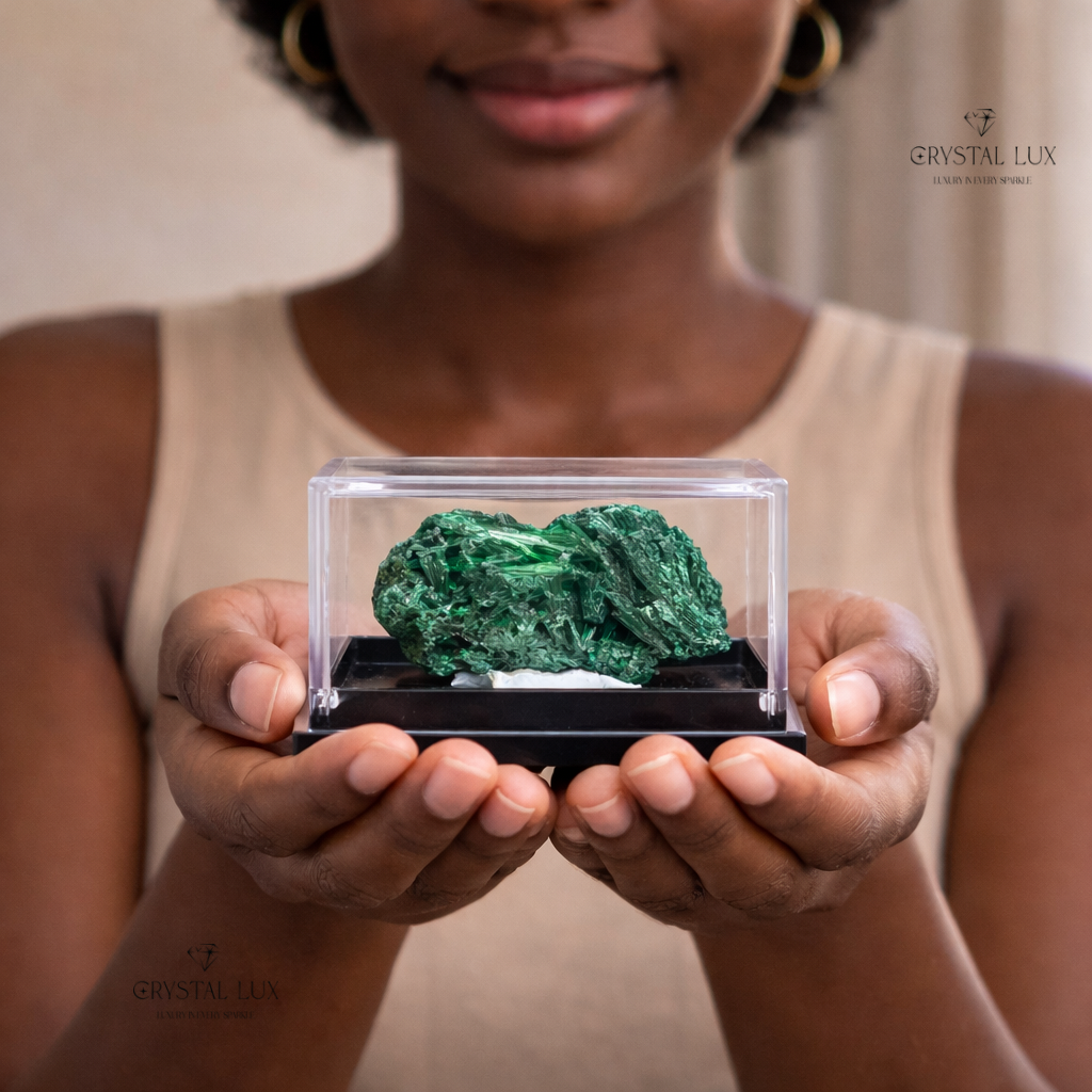 Natural Malachite Crystal Mineral Specimen with Display Case – 3 Inch Healing Stone
