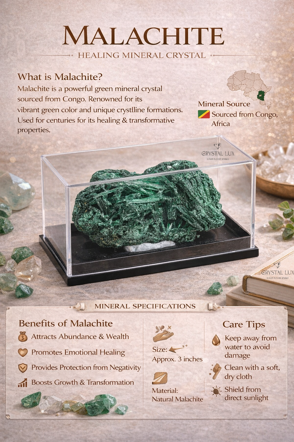 Natural Malachite Crystal Mineral Specimen with Display Case – 3 Inch Healing Stone