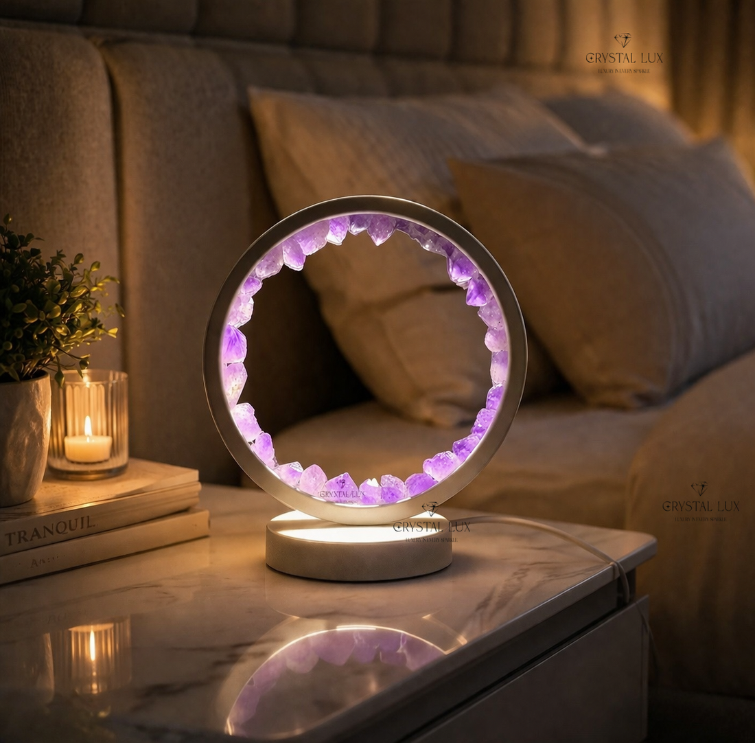 Natural Amethyst Crystal Table Lamp | Healing Stone Ring Light for Meditation, Relaxation & Home Décor (USB Powered)