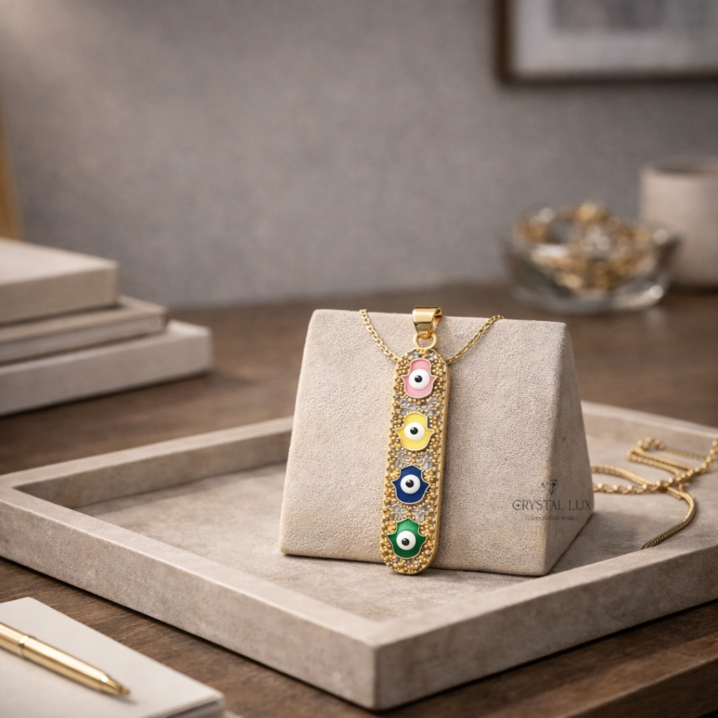 Hamsa Evil Eye Pendant Necklace for Protection, Luck & Energy Healing