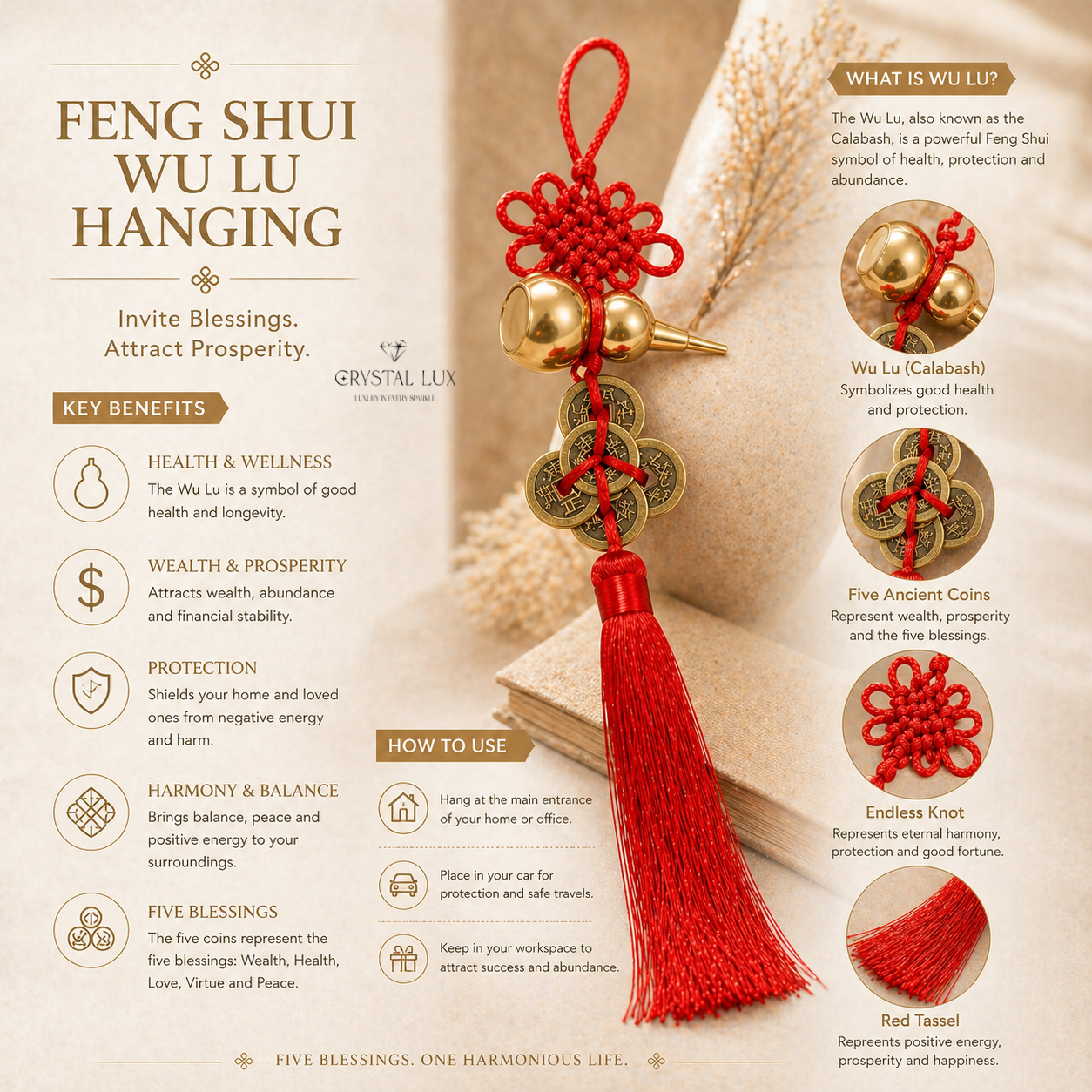 Feng Shui Wu Lu Hanging | Wealth, Protection & Health Charm | Lucky Coins Tassel Decor