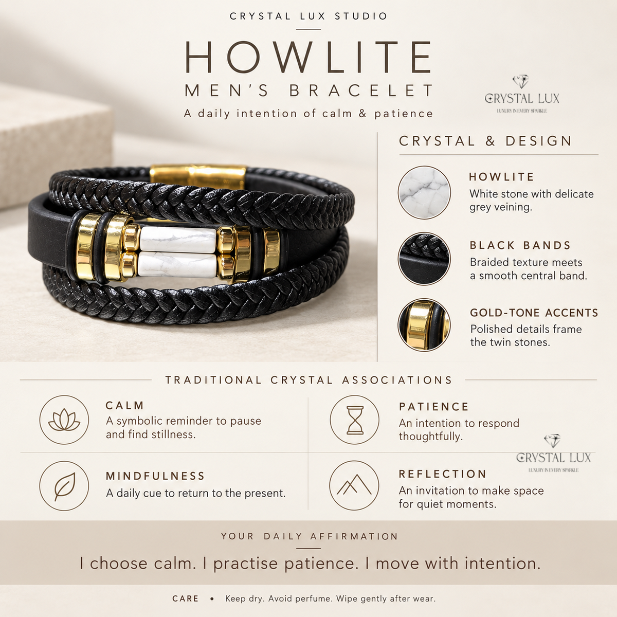 Howlite Men’s Leather Band Bracelet | Crystal Lux Studio