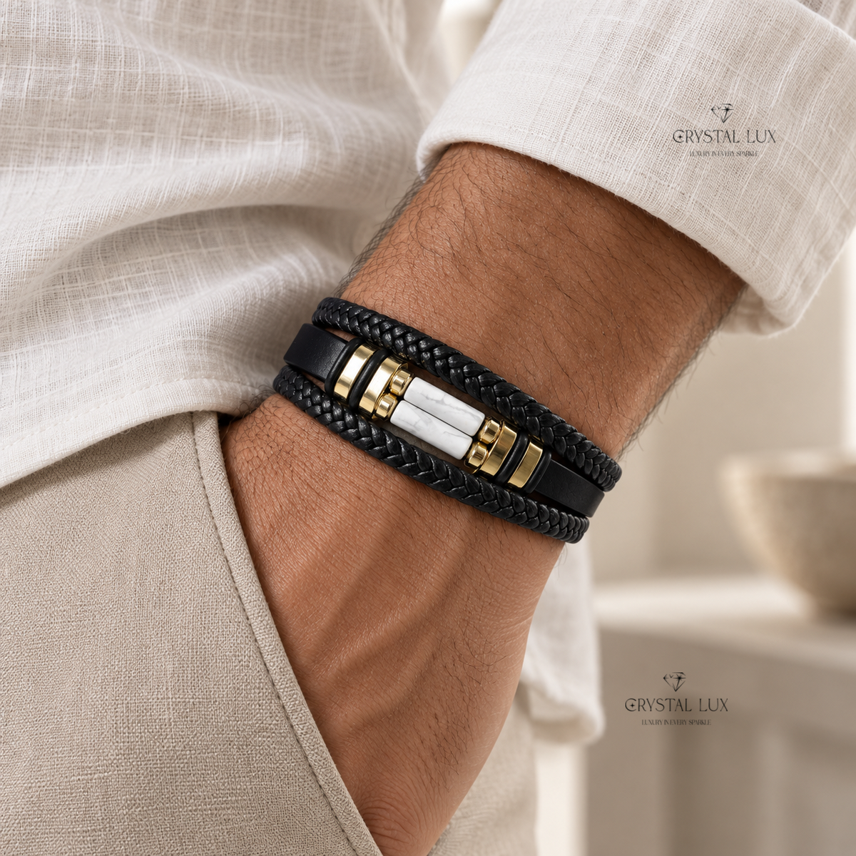 Howlite Men’s Leather Band Bracelet | Crystal Lux Studio