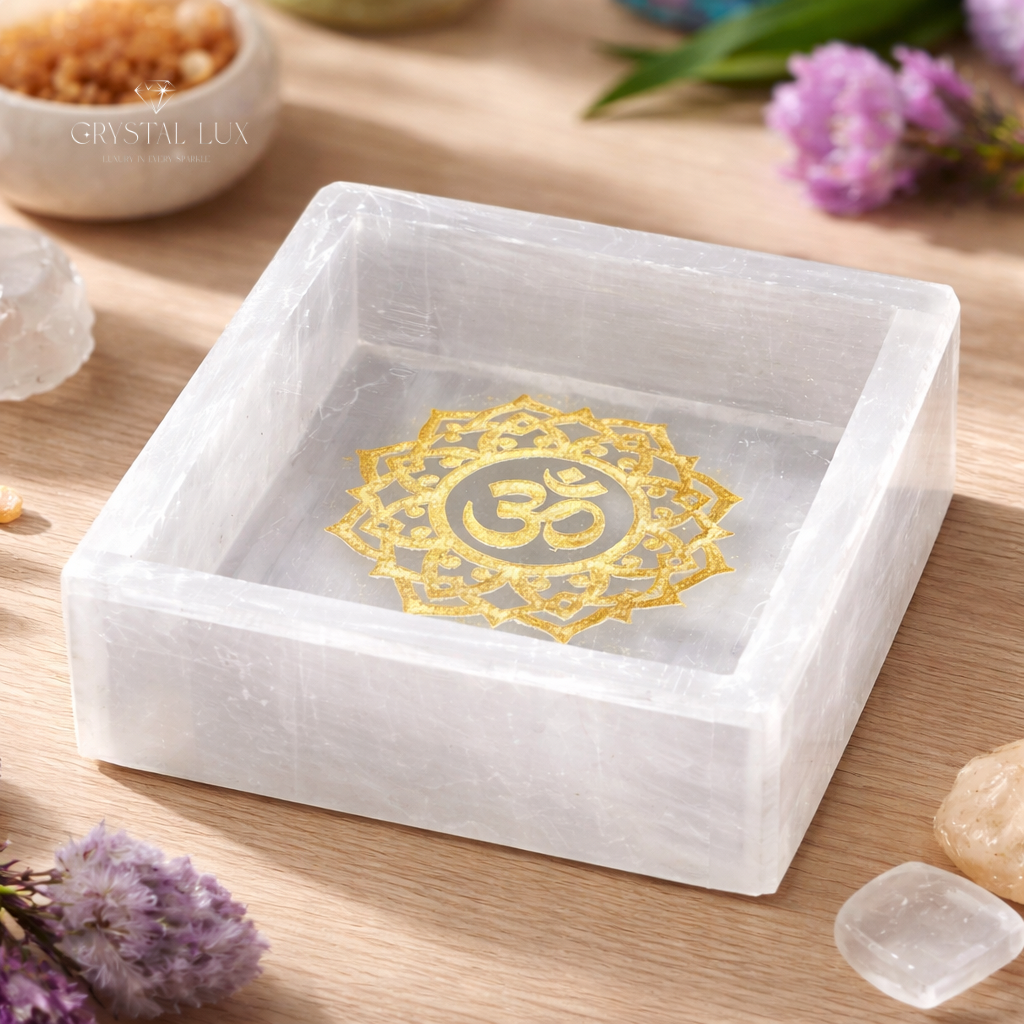 Selenite Charging Box 3×3 Inch with Om | Crystal Cleanser & Energy Charger