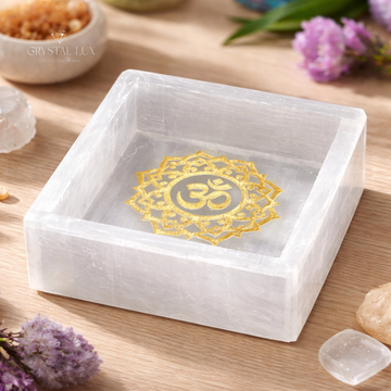 Selenite Charging Box 3×3 Inch with Om | Crystal Cleanser & Energy Charger