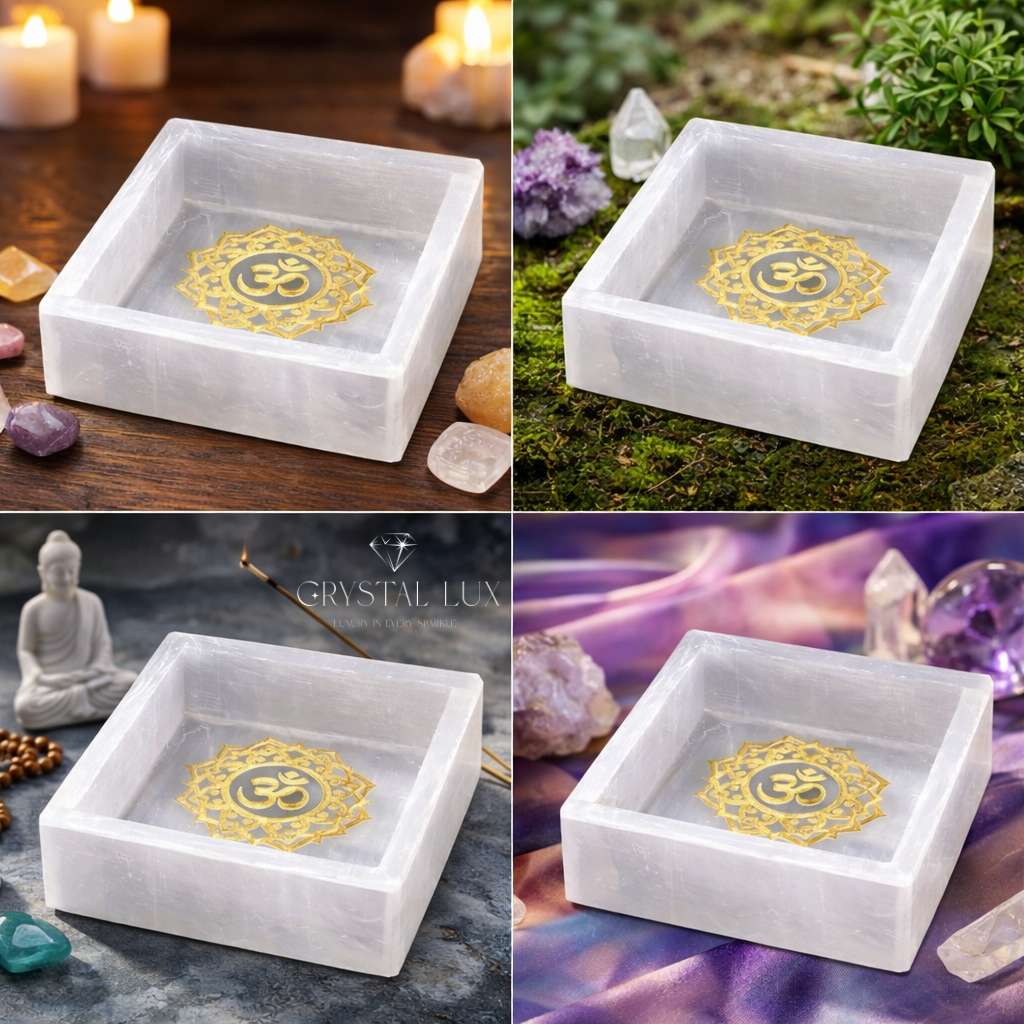 Selenite Charging Box 3×3 Inch with Gold Om | Crystal Cleanser & Energy Charger