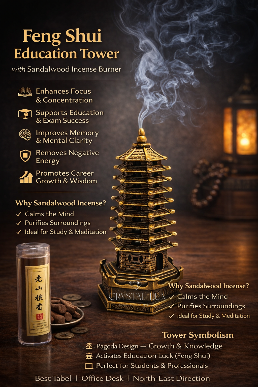 Feng Shui Education Tower with Sandalwood Incense Burner for Focus, Study & Career Growth