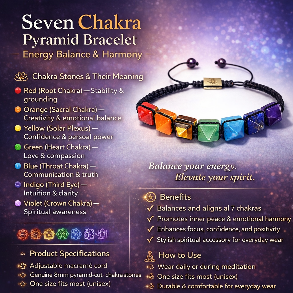 Natural Seven Chakra Pyramid Stone Bracelet for Energy Alignment & Harmony