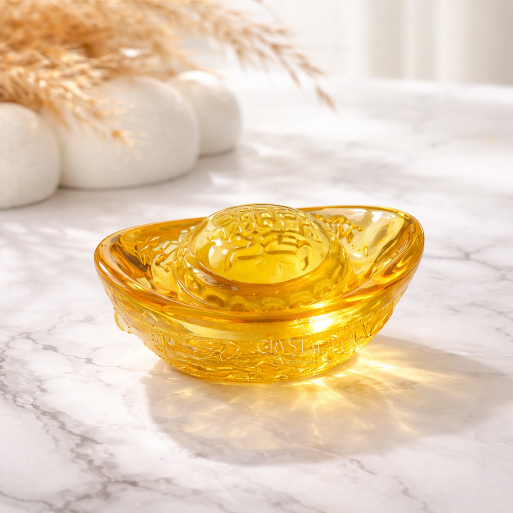 Golden Feng Shui Wealth Ingot | Crystal Yuan Bao for Prosperity & Success