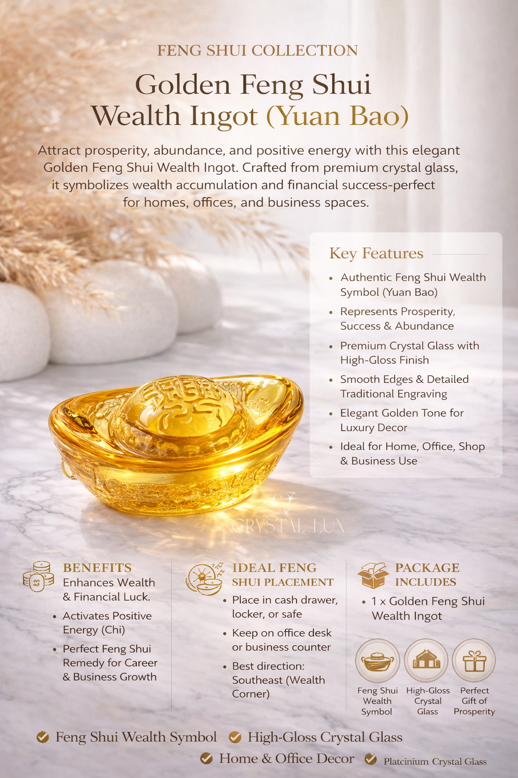 Golden Feng Shui Wealth Ingot | Crystal Yuan Bao for Prosperity & Success