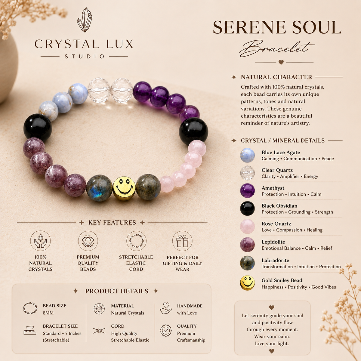 Serene Soul Natural Gemstone Bracelet | Healing Crystals, Positive Energy & Emotional Balance