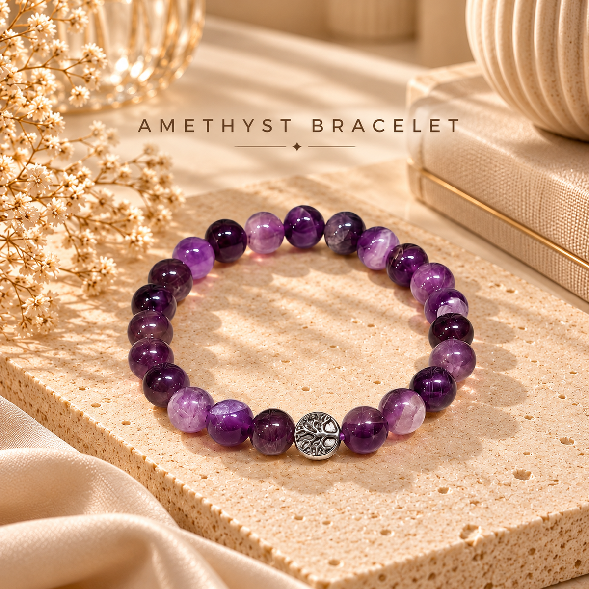 Natural Amethyst Bracelet with Tree of Life Charm | Crystal Lux Studio