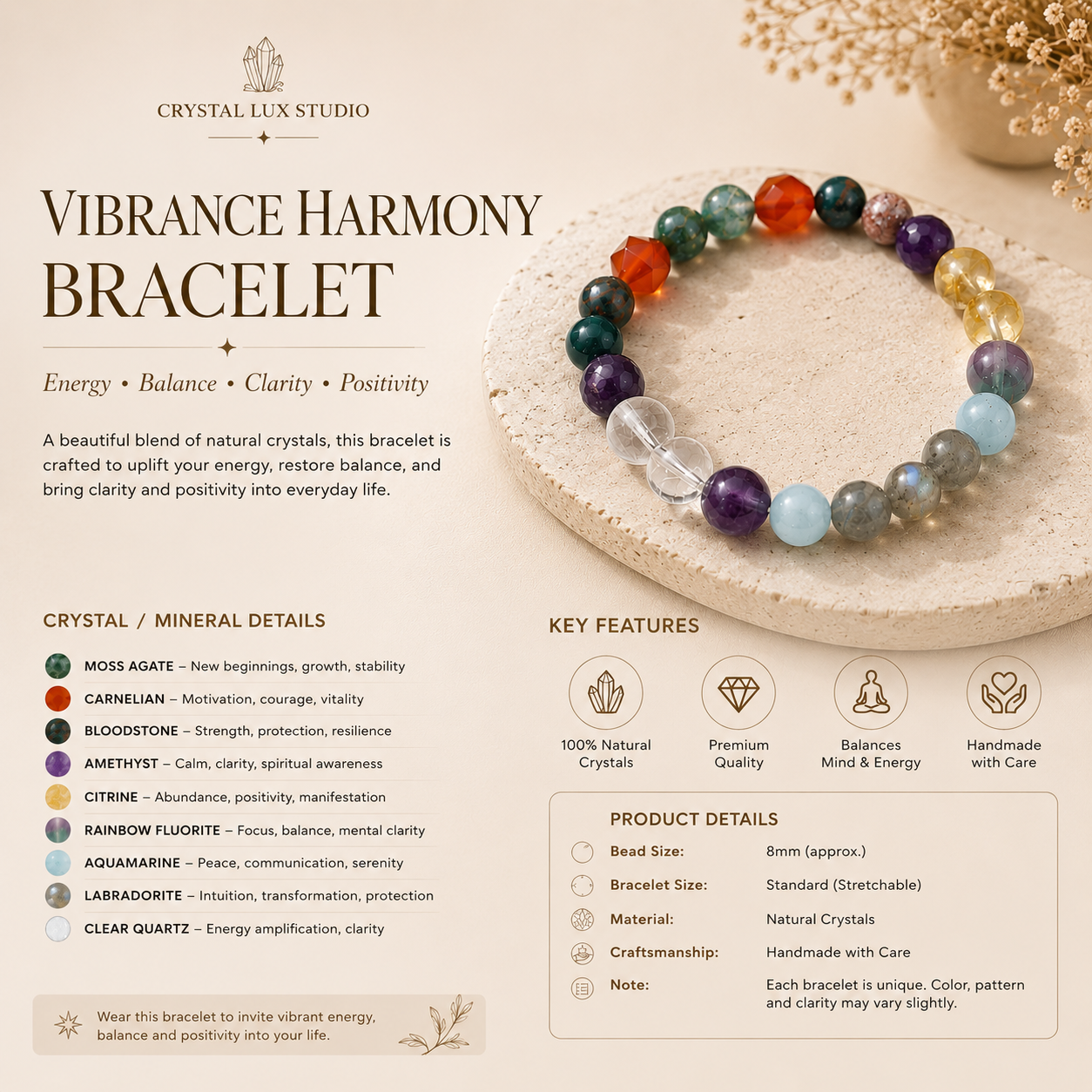 Vibrance Harmony Natural Crystal Bracelet – 8mm Gemstone Beads for Energy, Balance & Positivity