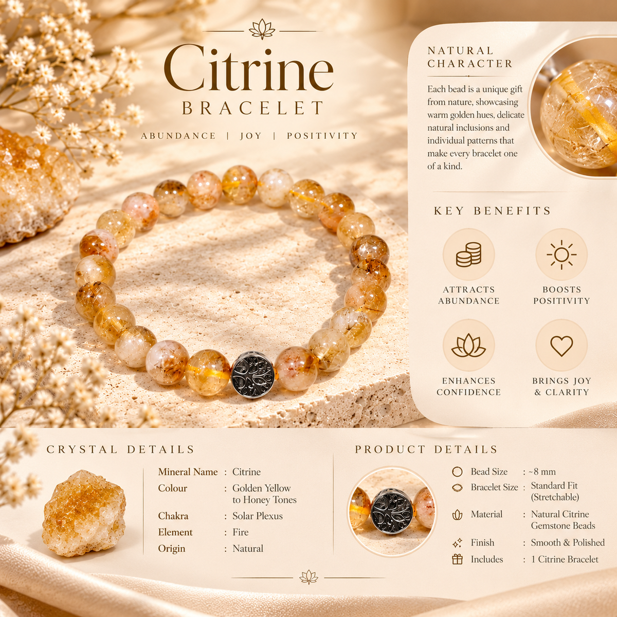 Natural Citrine Gemstone Bracelet With Tree Of Life | Abundance Bracelet