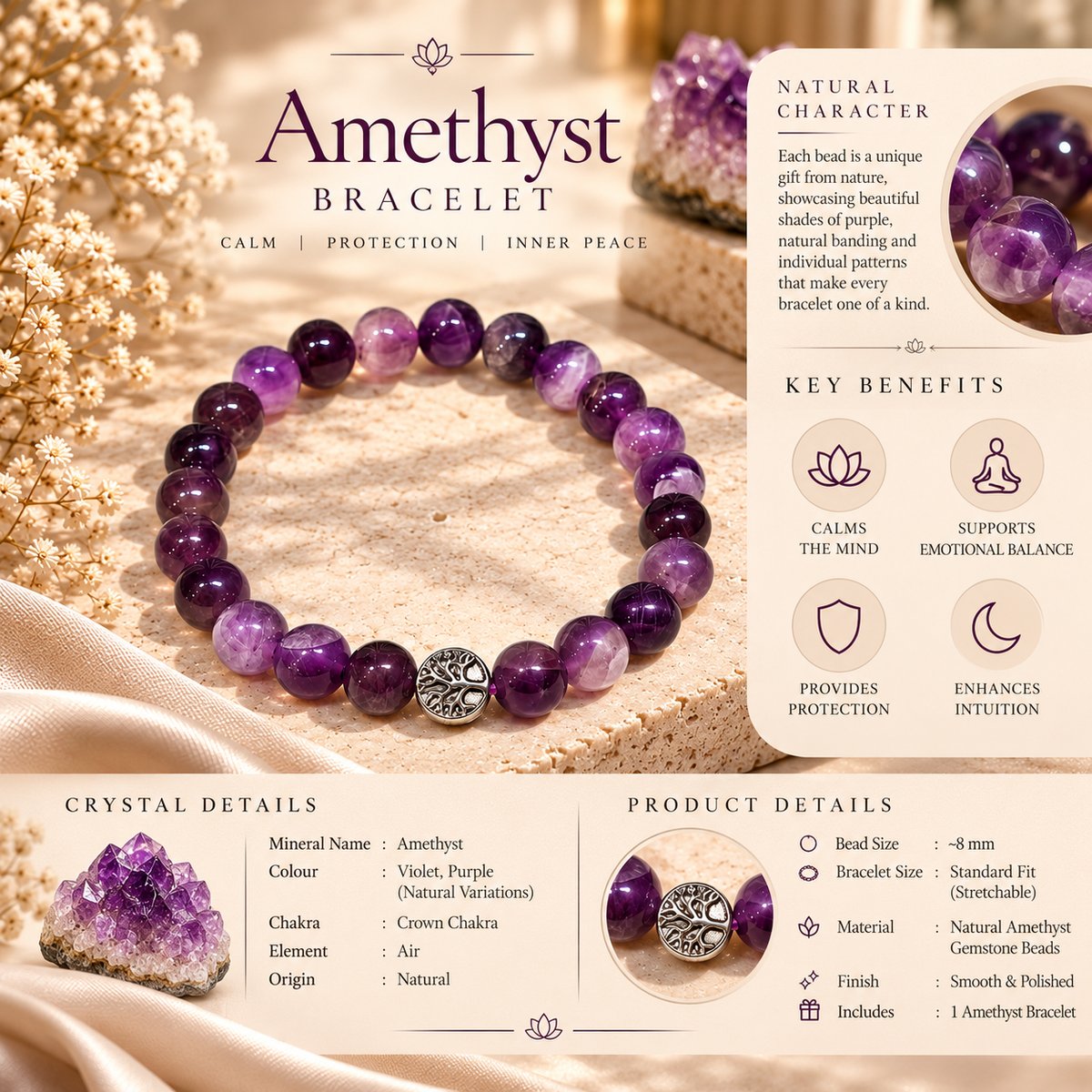 Natural Amethyst Bracelet with Tree of Life Charm | Crystal Lux Studio